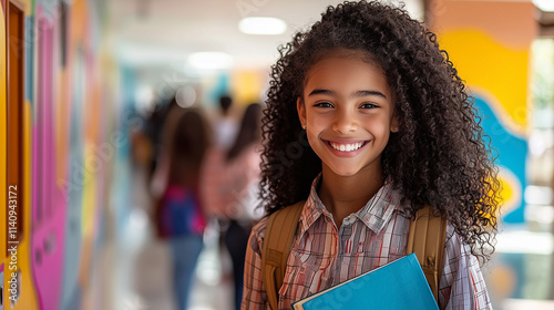 Confident student smiling in colorful hallway