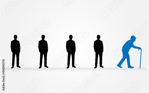 Old man in a group walkout concept image, old man walkout from a young group