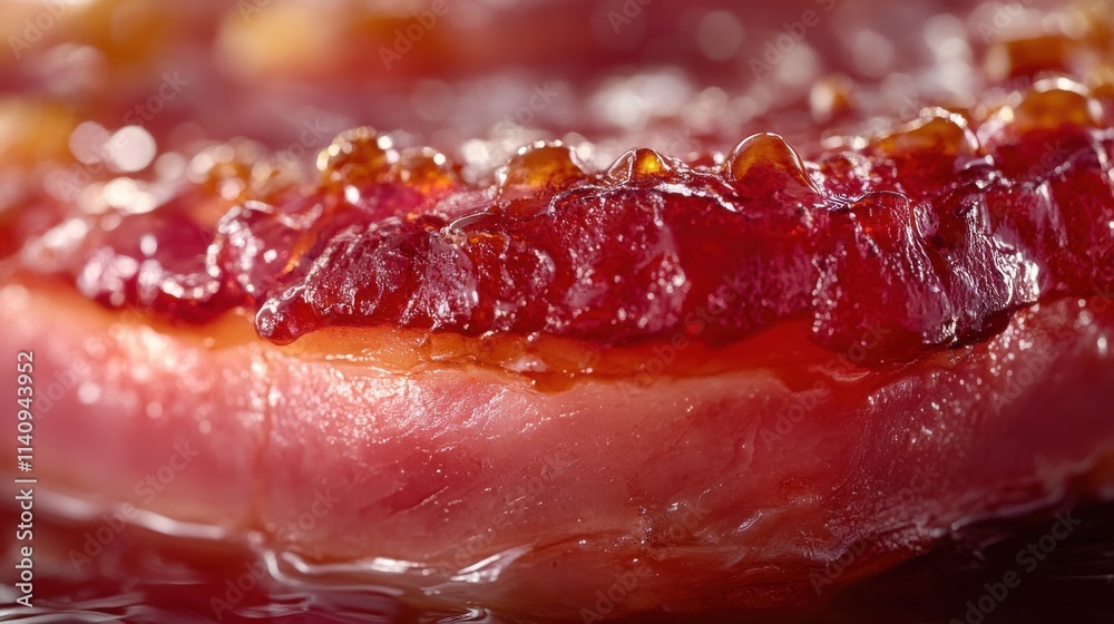 Macro photography of glazed ham slice with dramatic lighting Macro photography of glazed ham slice with dramatic lighting