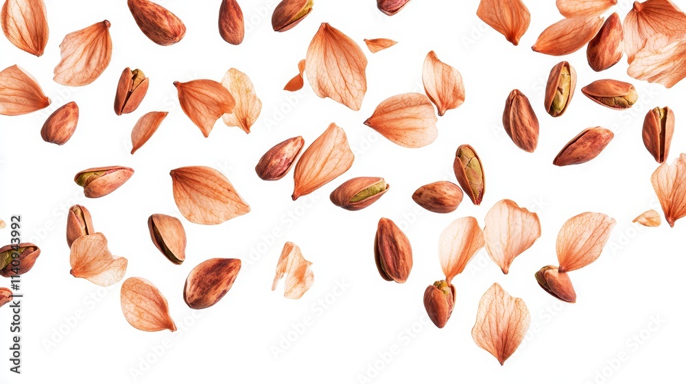 A bunch of nuts that are falling down on a white surface A bunch of nuts that are falling down on a white surface