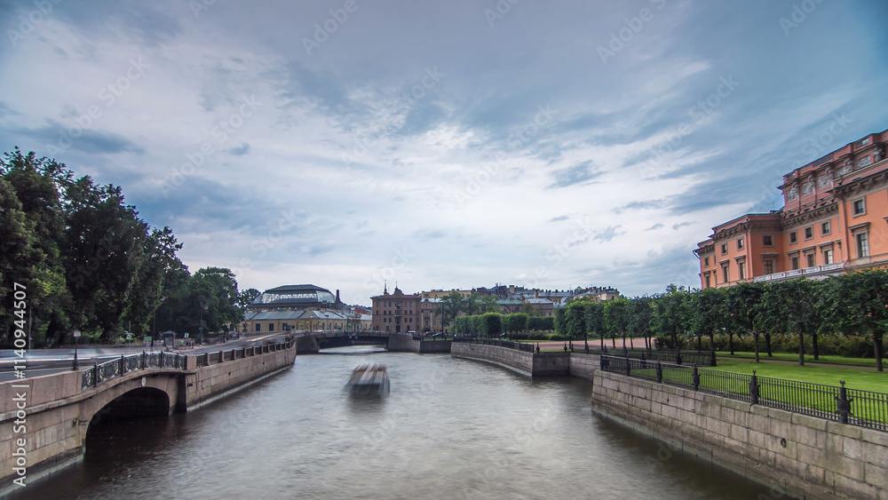 View of the Embankment of the river Moyka and Mikhailovsky Castle timelapse hyperlapse. Saint Petersburg. Russia. View of the Embankment of the river Moyka and Mikhailovsky Castle timelapse hyperlapse. Saint Petersburg. Russia.