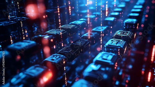Advanced Blockchain Data Network with Futuristic Digital Cubes and Technology Flow Photo