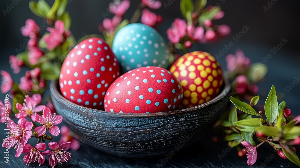 A bowl filled with colorful painted eggs sitting on top of a table