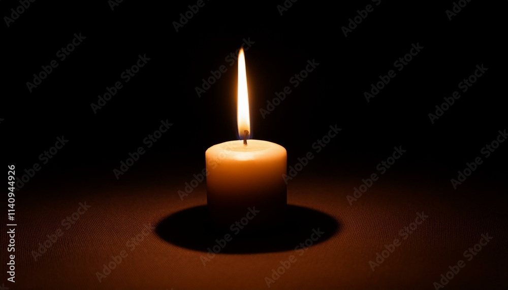 A single candle glows brightly in pitch black darkness, casting long shadows all around. A single candle glows brightly in pitch black darkness, casting long shadows all around.
