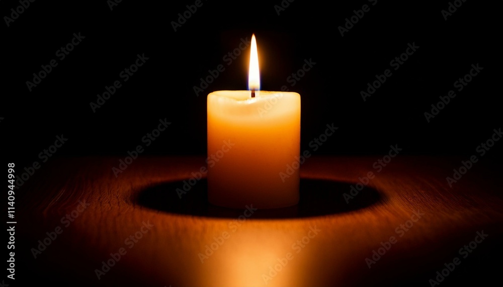 A single candle glows brightly in pitch black darkness, casting long shadows all around. A single candle glows brightly in pitch black darkness, casting long shadows all around.