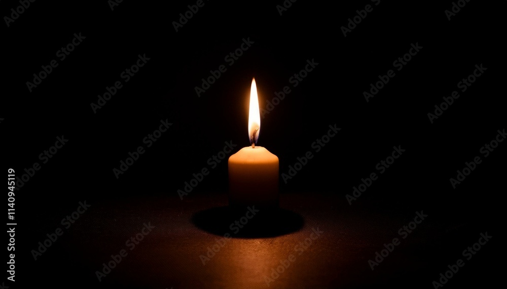 A single candle glows brightly in pitch black darkness, casting long shadows all around. A single candle glows brightly in pitch black darkness, casting long shadows all around.