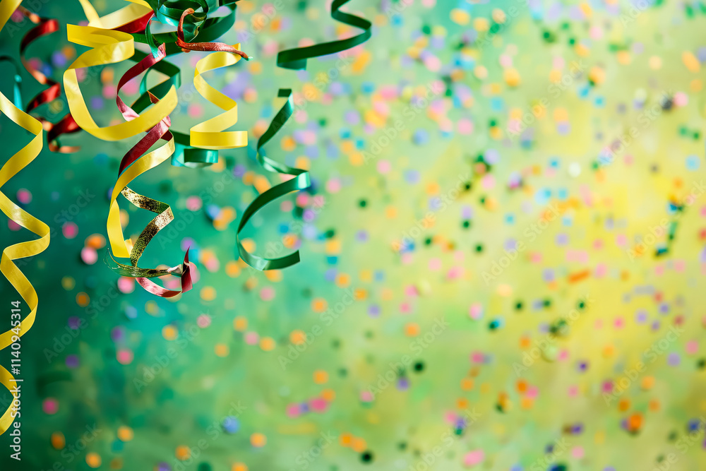 Fototapeta premium Green background with colorful confetti and a yellow ribbon. The ribbon is in the middle of the confetti and is the only thing that is not green