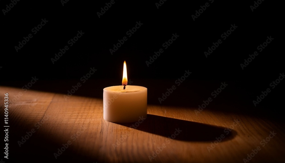 A single candle glows brightly in pitch black darkness, casting long shadows all around. A single candle glows brightly in pitch black darkness, casting long shadows all around.