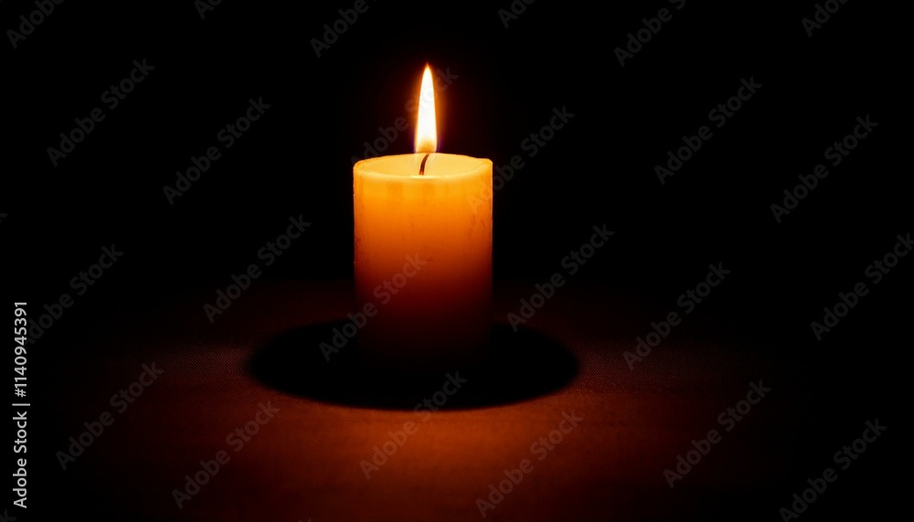 A single candle glows brightly in pitch black darkness, casting long shadows all around. A single candle glows brightly in pitch black darkness, casting long shadows all around.