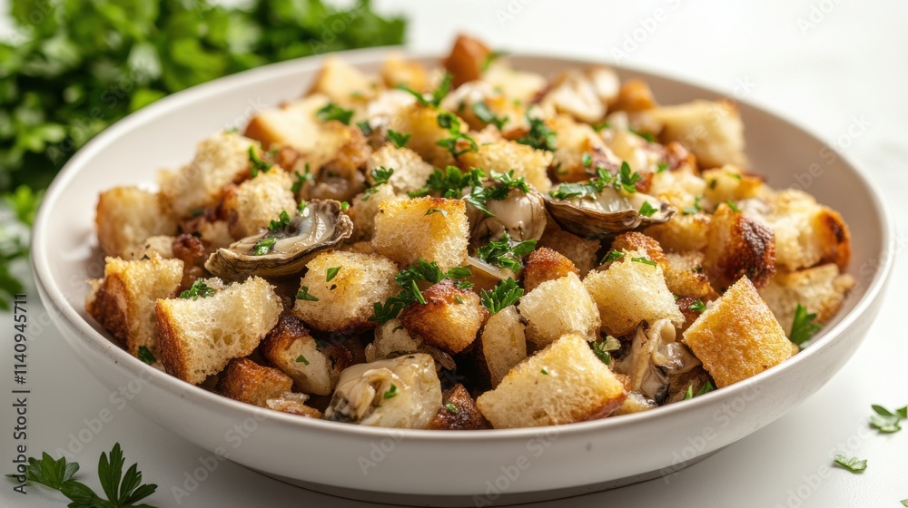 Elegant food photography of oyster stuffing on white plate Elegant food photography of oyster stuffing on white plate