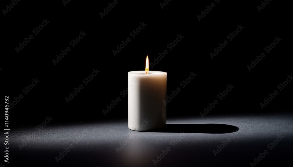 A single candle glows brightly in pitch black darkness, casting long shadows all around. A single candle glows brightly in pitch black darkness, casting long shadows all around.