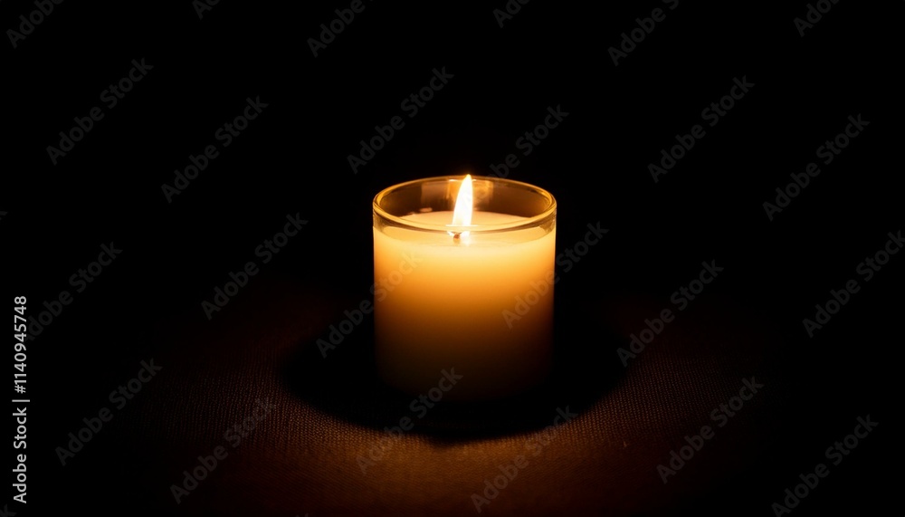 A single candle glows brightly in pitch black darkness, casting long shadows all around. A single candle glows brightly in pitch black darkness, casting long shadows all around.