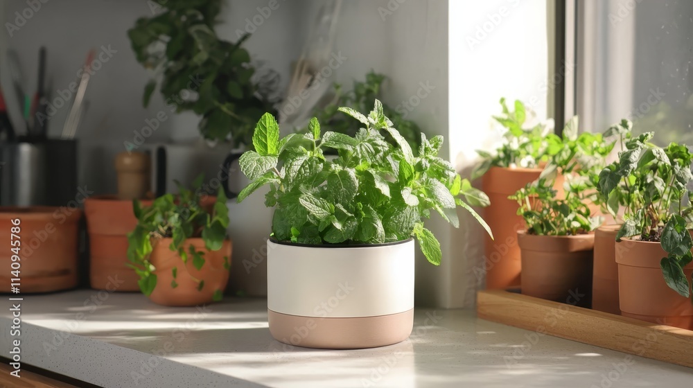A planter sitting on top of a kitchen counter next to a window A planter sitting on top of a kitchen counter next to a window