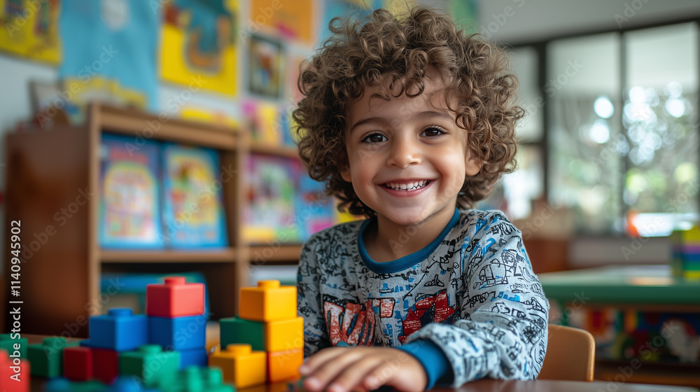 Happy kids playing with building blocks in preschool