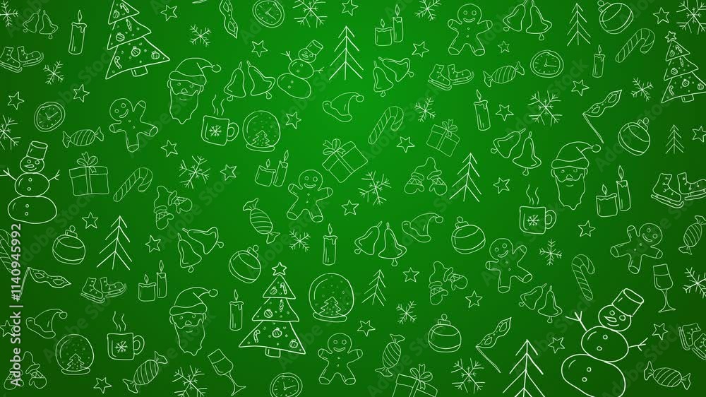 Merry Christmas Happy New Year loop green background pattern. Animation doodles, thin line art sketch icons style concept. Merry Christmas Happy New Year loop green background pattern. Animation doodles, thin line art sketch icons style concept.