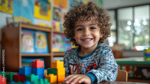 Obraz na płótnie Happy kids playing with building blocks in preschool w salonie
