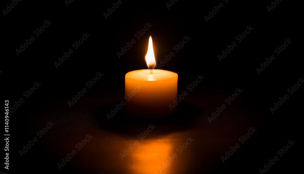 A single candle glows brightly in pitch black darkness, casting long shadows all around. A single candle glows brightly in pitch black darkness, casting long shadows all around.
