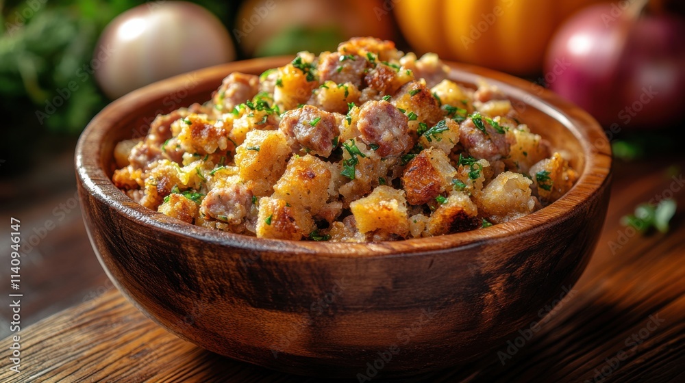 Rustic bowl of sausage and herb stuffing with autumnal background Rustic bowl of sausage and herb stuffing with autumnal background