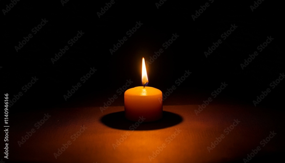 A single candle glows brightly in pitch black darkness, casting long shadows all around. A single candle glows brightly in pitch black darkness, casting long shadows all around.