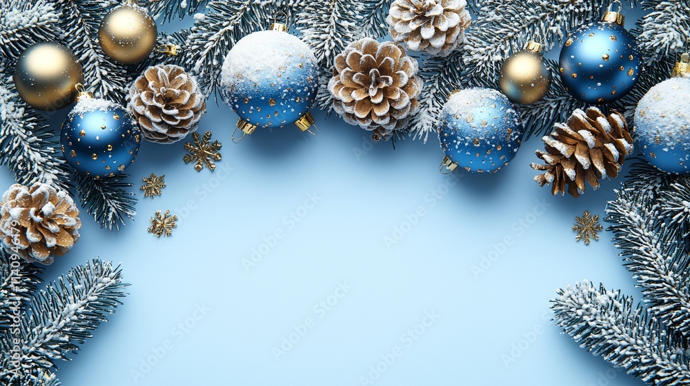 A blue and gold christmas background with pine cones and ornaments A blue and gold christmas background with pine cones and ornaments