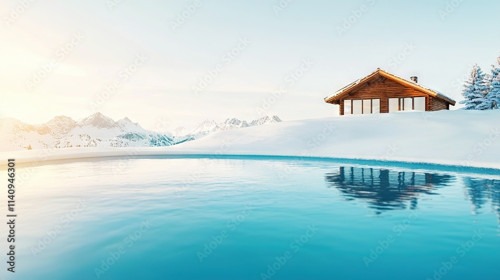A cozy cabin rests atop a snowy peak, nestled beside an icy pool and framed by towering mountains A cozy cabin rests atop a snowy peak, nestled beside an icy pool and framed by towering mountains
