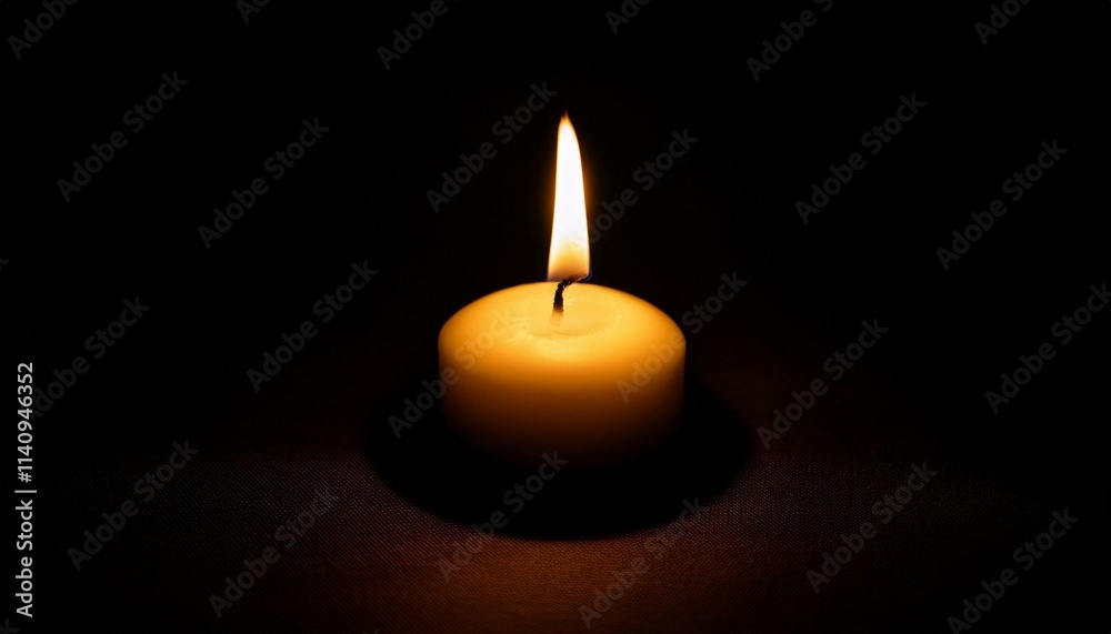 A single candle glows brightly in pitch black darkness, casting long shadows all around. A single candle glows brightly in pitch black darkness, casting long shadows all around.