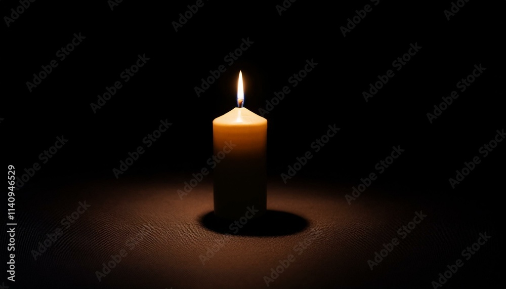 A single candle glows brightly in pitch black darkness, casting long shadows all around. A single candle glows brightly in pitch black darkness, casting long shadows all around.