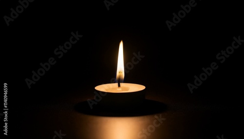 A single candle glows brightly in pitch black darkness, casting long shadows all around.