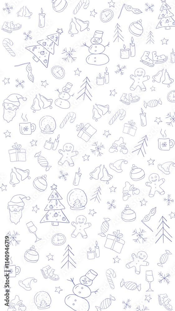 Linear christmas pattern on loop animated white background. Copy space. Vertical video.