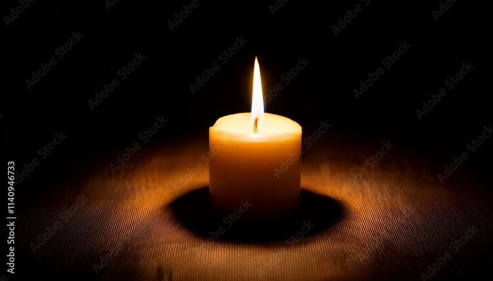 A single candle glows brightly in pitch black darkness, casting long shadows all around. A single candle glows brightly in pitch black darkness, casting long shadows all around.