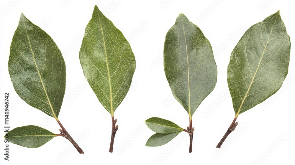 A set of four bay leaves on a white background