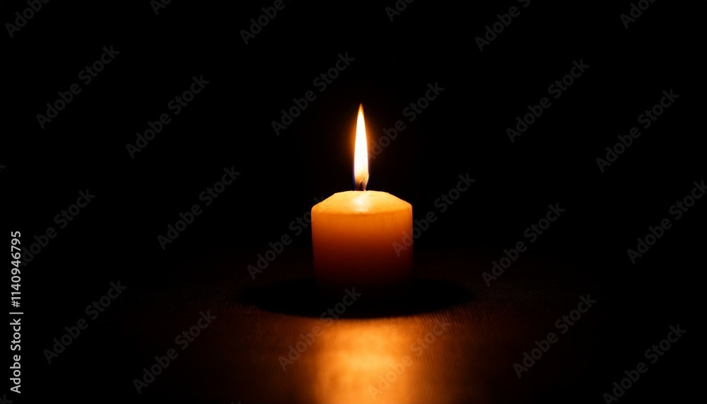 A single candle glows brightly in pitch black darkness, casting long shadows all around. A single candle glows brightly in pitch black darkness, casting long shadows all around.