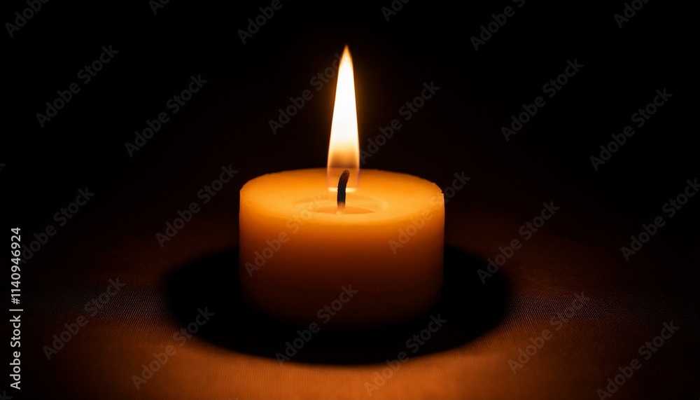 A single candle glows brightly in pitch black darkness, casting long shadows all around. A single candle glows brightly in pitch black darkness, casting long shadows all around.