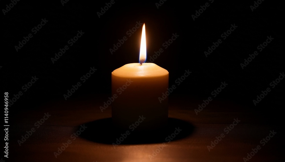 A single candle glows brightly in pitch black darkness, casting long shadows all around. A single candle glows brightly in pitch black darkness, casting long shadows all around.