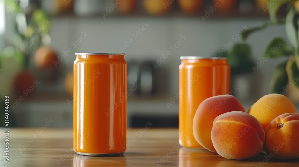 A can of orange juice next to a bunch of peaches A can of orange juice next to a bunch of peaches