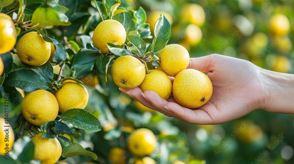 A person holding a bunch of yellow fruit on a tree A person holding a bunch of yellow fruit on a tree