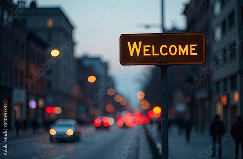 Urban road sign with blurred cityscape in the background, dusk lighthingm calm and welcoming vibe