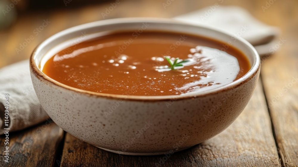 Rich brown gravy in a porcelain bowl warm lighting Rich brown gravy in a porcelain bowl warm lighting