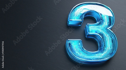 Futuristic Blue Number Three with Circuit Design on Dark Background photo