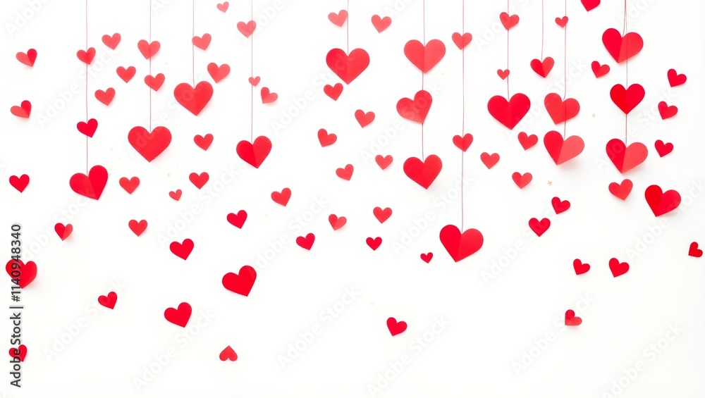 Red paper hearts hanging and falling on white background for valentine's day Red paper hearts hanging and falling on white background for valentine's day