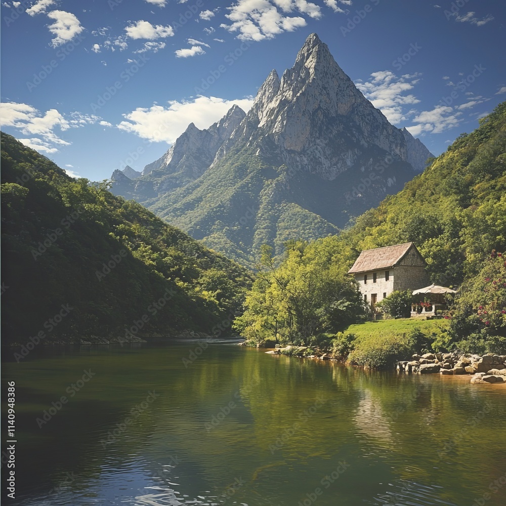 Serene mountain landscape with a tranquil river and a rustic house. Serene mountain landscape with a tranquil river and a rustic house.