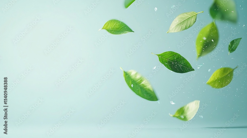 Green leaves float in blue air, water droplets on bottoms Green leaves float in blue air, water droplets on bottoms