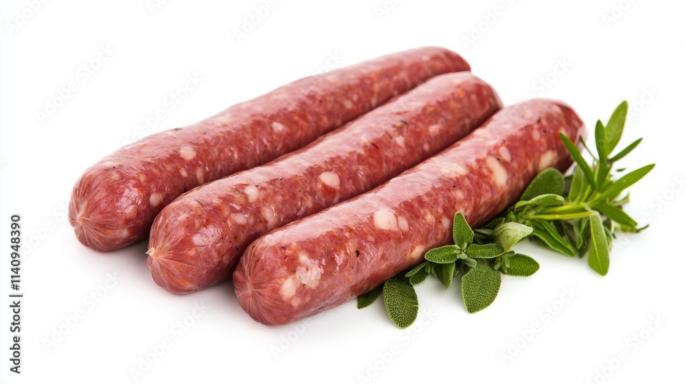 Three sausages with sage leaves on a white background Three sausages with sage leaves on a white background