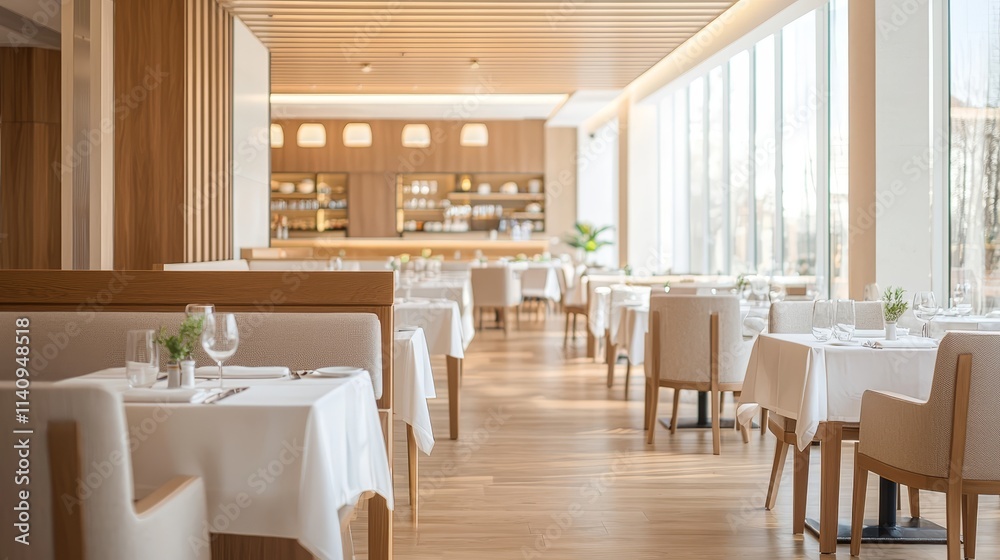 A long dining room with white tables and chairs A long dining room with white tables and chairs