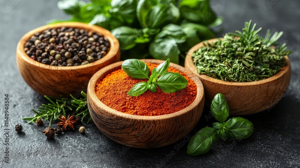 A variety of spices in wooden bowls on a table A variety of spices in wooden bowls on a table