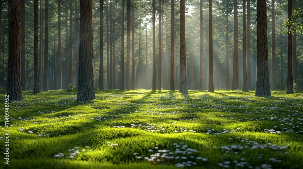 Fototapeta premium A forest filled with lots of green grass and trees