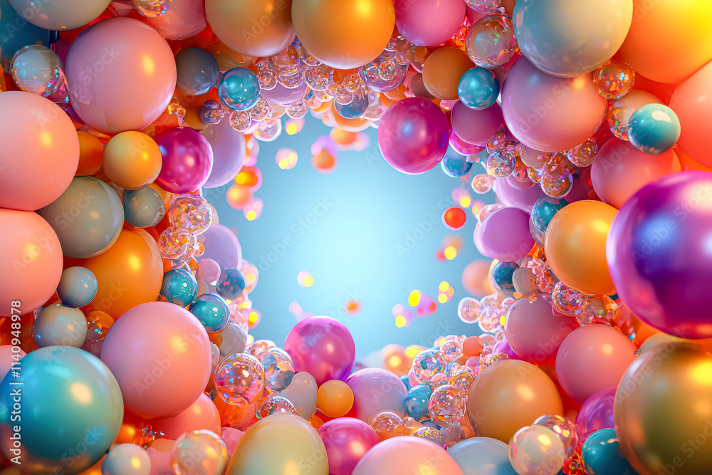 Colorful bunch of balloons in a spiral shape. The balloons are of different colors and sizes, creating a vibrant and playful atmosphere. Concept of joy and celebration Colorful bunch of balloons in a spiral shape. The balloons are of different colors and sizes, creating a vibrant and playful atmosphere. Concept of joy and celebration