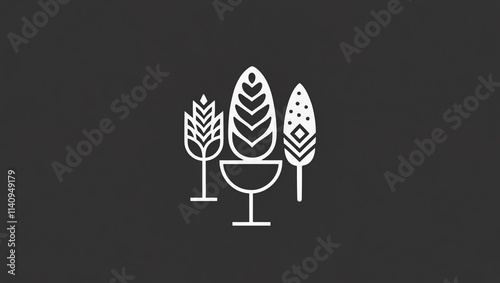 Symbols and attributes of the traditional African American holiday Kwanzaa, white on a black background, an ear of corn, a kinara candlestick, seven candles, first fruits of the harvest photo