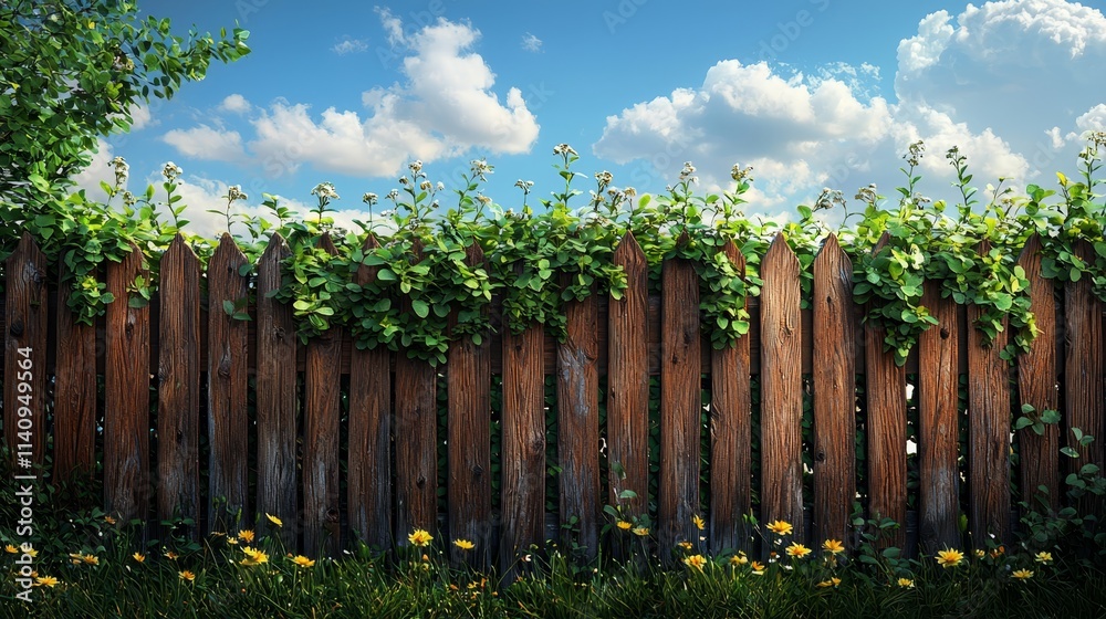A wooden fence surrounded by green plants and flowers A wooden fence surrounded by green plants and flowers