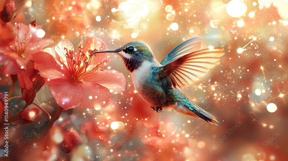 Naklejka premium A hummingbird is flying near a red flower